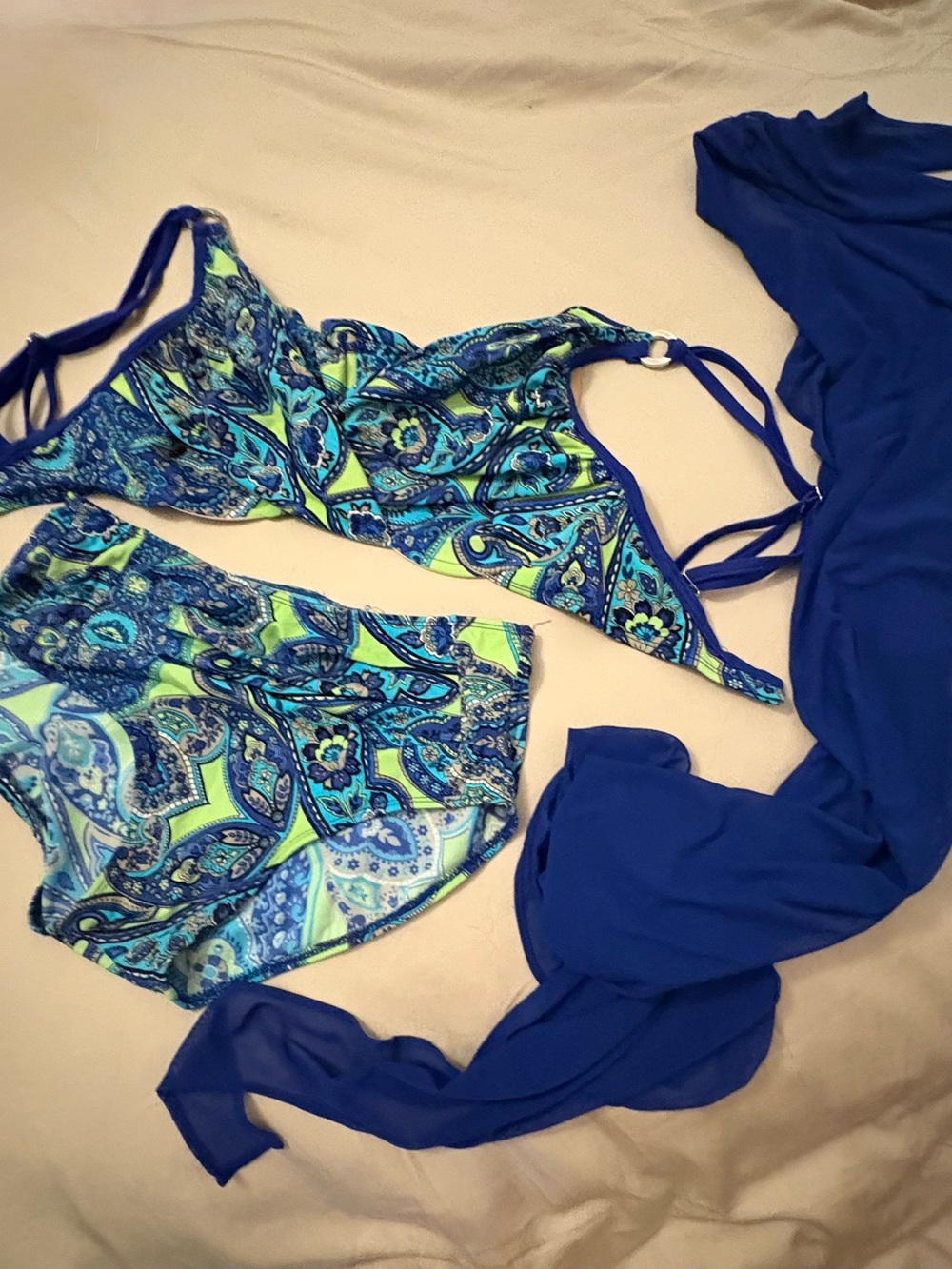 Tara Grinna bikini with royal blue sheer sarong